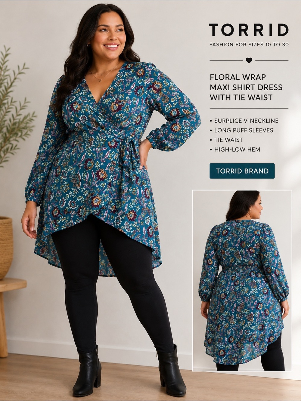 Torrid Teal Floral Wrap Maxi Shirt Dress
